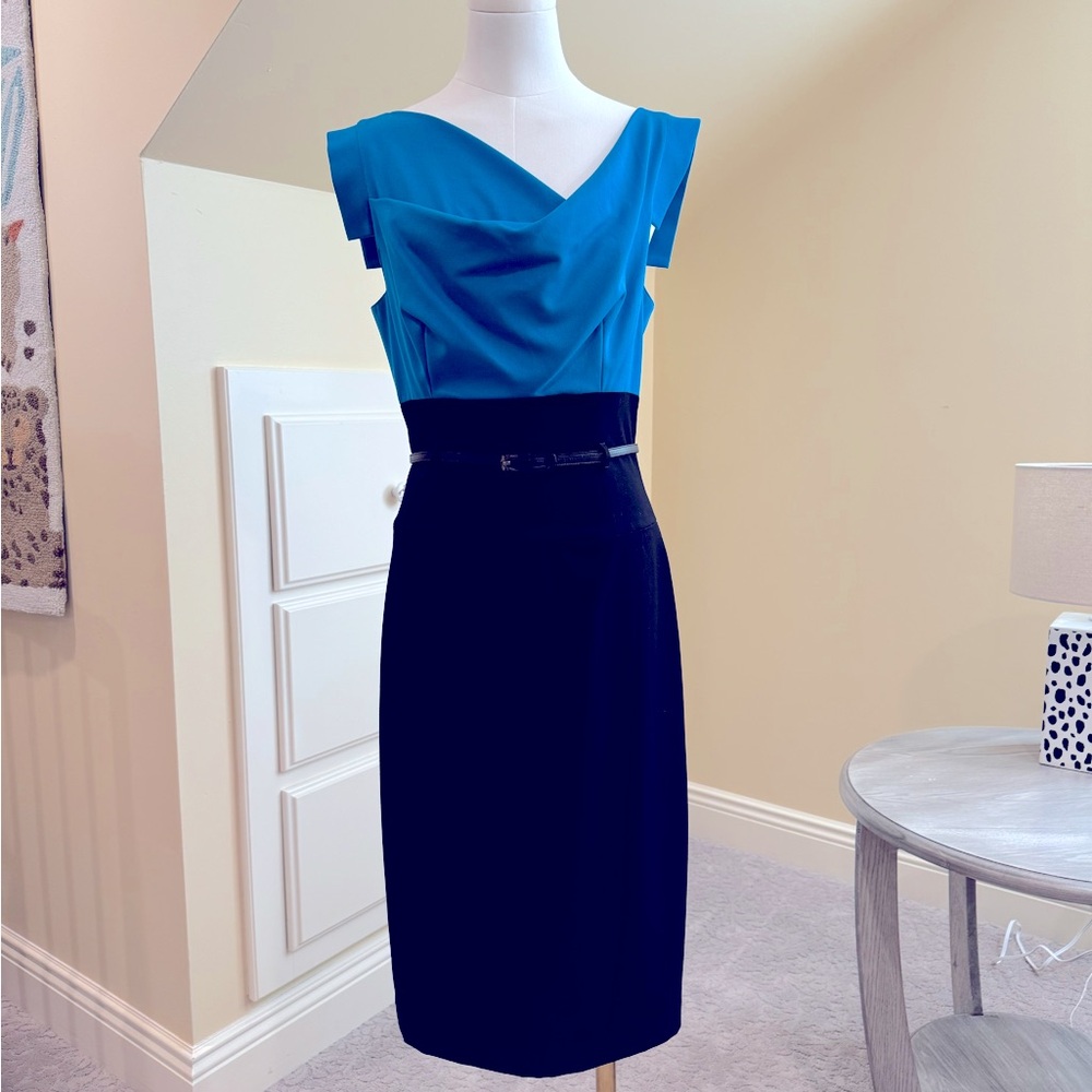 Black Halo Jackie O dress.  Size 6 Color block.  Azure Blue and Black! Sharp!